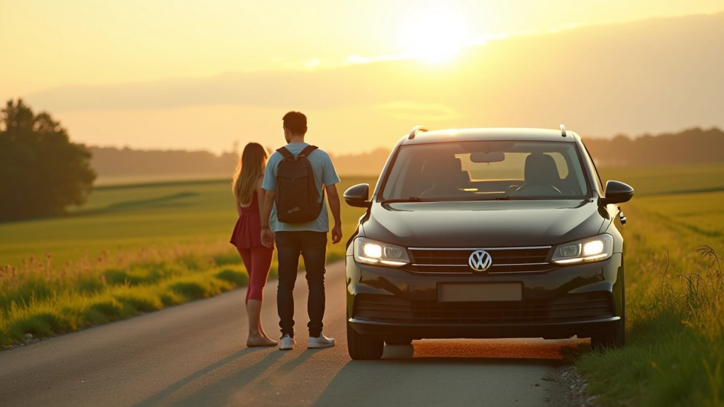 Kelyje stovintis automobilis su keliautojais, žali laukai aplink, saulės šviesa