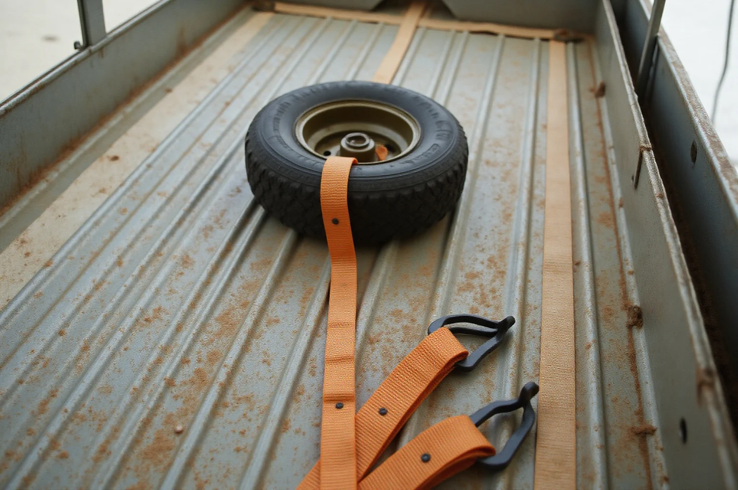 Ratchet straps and a chock on a trailer deck