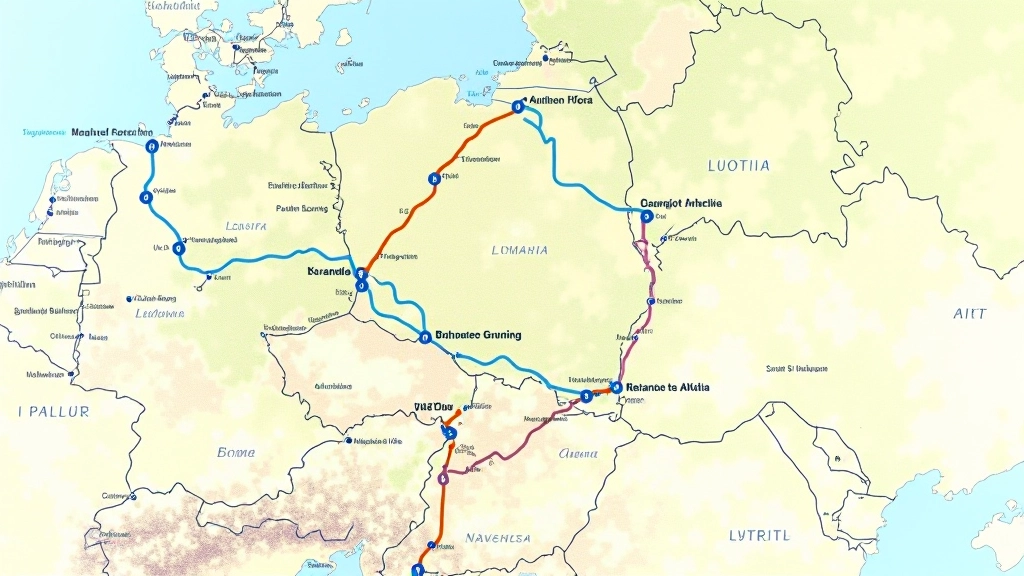 Žemėlapis su pažymėtais kelio maršrutais iš Lietuvos į Latviją, spalvoti maršrutai ir sustojimo taškai