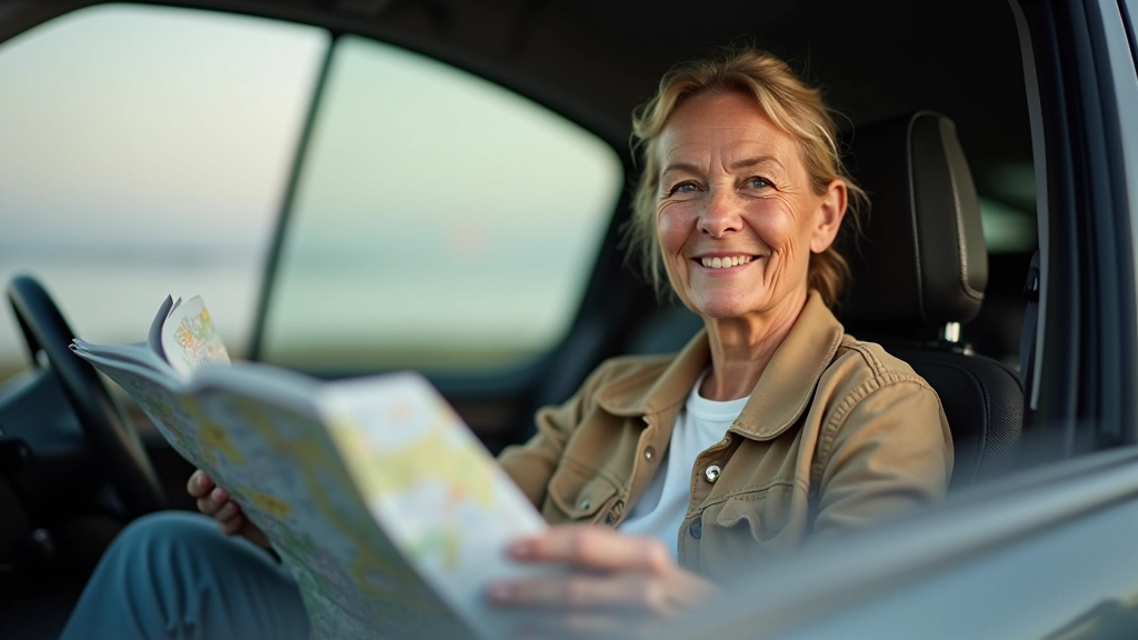 Pensininko moters kelionės planavimas žemėlapiu automobilyje