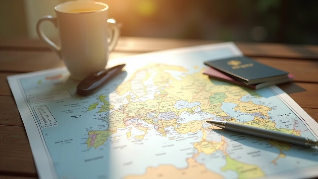 Žemėlapis ir kelionės dokumentai ant stalo su kava ir planavimo priemonėmis